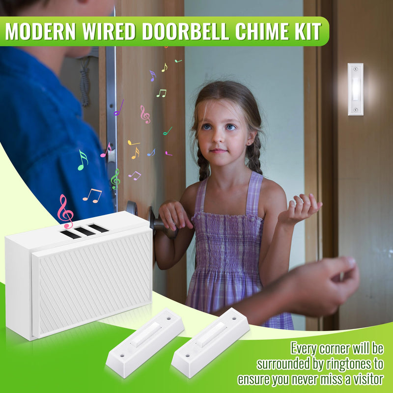 Saillong Wired Doorbell Chime Kit, 2 16V 10VA Lighted Doorbell Push Buttons with 2 Notes for Front, Rear Door and Doorbell Chime Box for Home Wall Inside, Compatible with Most Doorbells (Strip Style) Strip Style