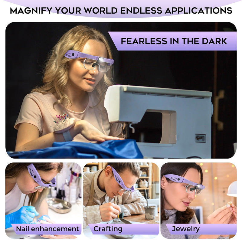 Magnifying Glass with Light, Rechargeable Magnifying Glasses 1.5X-5X Lenses, Magnify Glasses for Close Work with Carry Case, Magnifier Headset Headband Magnifier for Craft Hobby Cross Stitch Purple