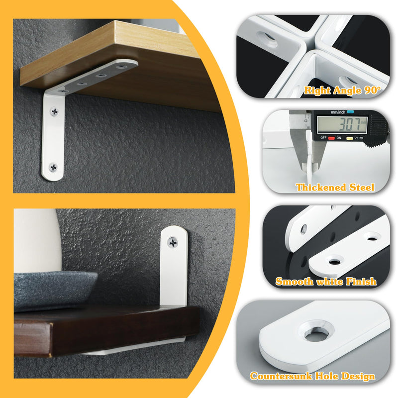 Alise Floating Shelf Brackets,White Bracket for Shelves Heavy Duty L Wall Bracket Corner Brace,Stainless Steel Joint Angle Bracket for Wooden Board Hanging Support,5x3 Inch(Pack of 4) 5x3 Inch White