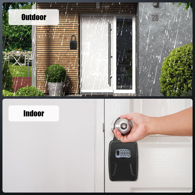 Key Lock Box Outdoor with Code, Large Key Lockbox for Keys Outside Portable Lock box for Keys, 4 Digit Combination Key Safe Storage, Waterproof Keybox Wall Mounted for Outdoor Home Garage Office Black Door handle hung + Wall mounted