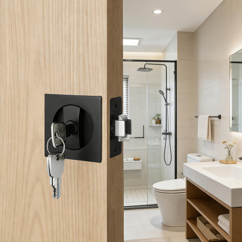 Matte Black Pocket Door Lock with Key, Pocket Door Pull Handle with Lock Square Door Lock for Privacy Sliding Door Bifold Bathroom Door Locks and Pulls Hardware Entry (with Key) Matte Black