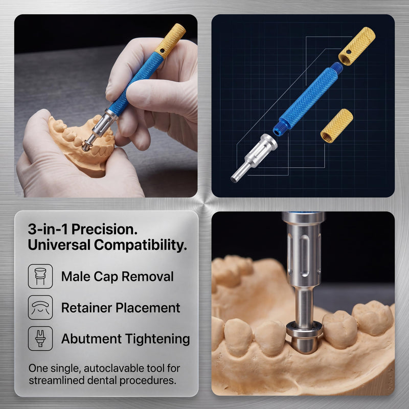 Implant Tooth Locator Core Tool, 3 in 1 Universal Dental Instrument for Overdenture Retention & Insertion, Golden Zinc Alloy with Gloves