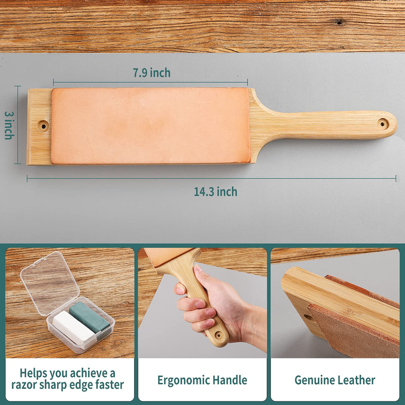 Angerstone Oversize Double Sided Leather Strop Kit(14.3" x 3" Knife Stropping Leather）with Ergonomic Handle - Knife Strop for Sharpening Knives, Wood Carving Chisels, Buffing Compound Included