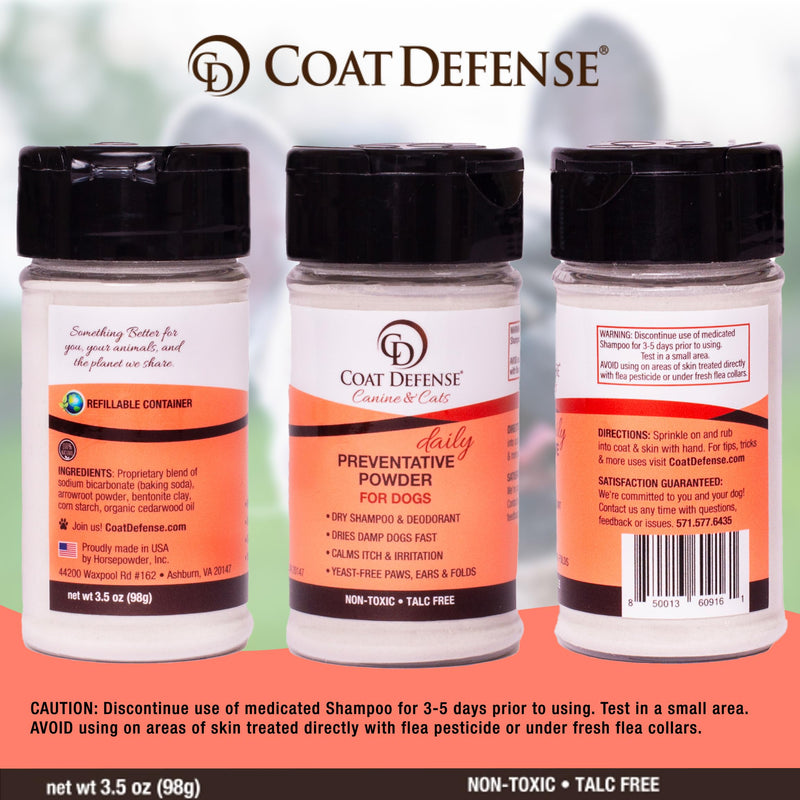 COAT DEFENSE Preventative Powder | Made in USA | 3.5oz Waterless Dog Shampoo & Pet Deodorizer for Smelly Dogs | Provides Anti Itch Relief | Dog Shampoo for Dry Itchy Skin & Dog Shampoo for Smelly Dogs