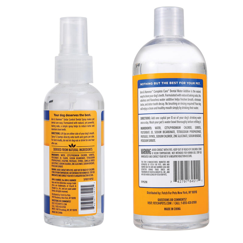 Arm & Hammer Dog Dental Care Bundle | Tartar Control Mint Dental Spray (4 oz) & Complete Care Flavorless Water Additive (16 oz) for Fresh Breath and Plaque Removal