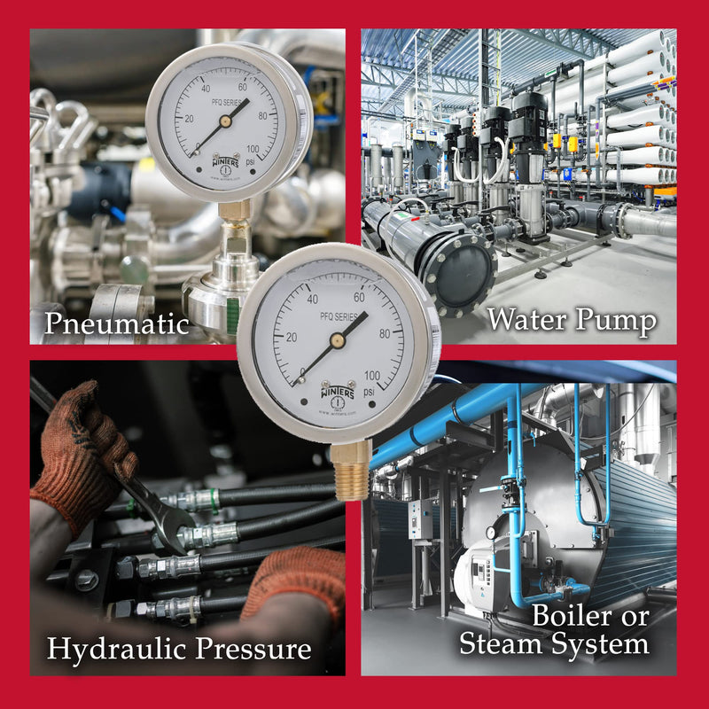 Winters 2-1/2" Dial Size, Liquid Filled Industrial Pressure Gauge, Brass Internals, 304 Stainless Steel Case, Single Scale 0-100 psi, 1.5% Acc, 1/4" NPT Bottom Mount, Glycerin Filled Pressure Gauge 0/100 PSI