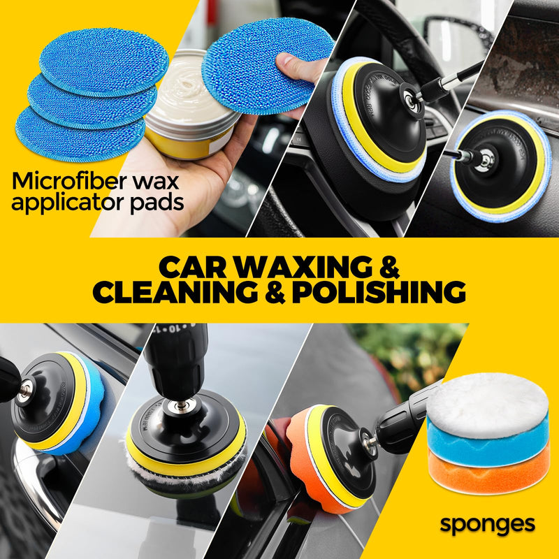 Holikme 22Pack Drill Brush Attachments Set,Scrub Pads & Sponge, Buffing Pads,Power Scrubber Brush,Car Polishing Pad Kit,Wax Applicator Pad,Car Cleaning Kit,Masonry Brushes,Cleaning Supplies Yellow