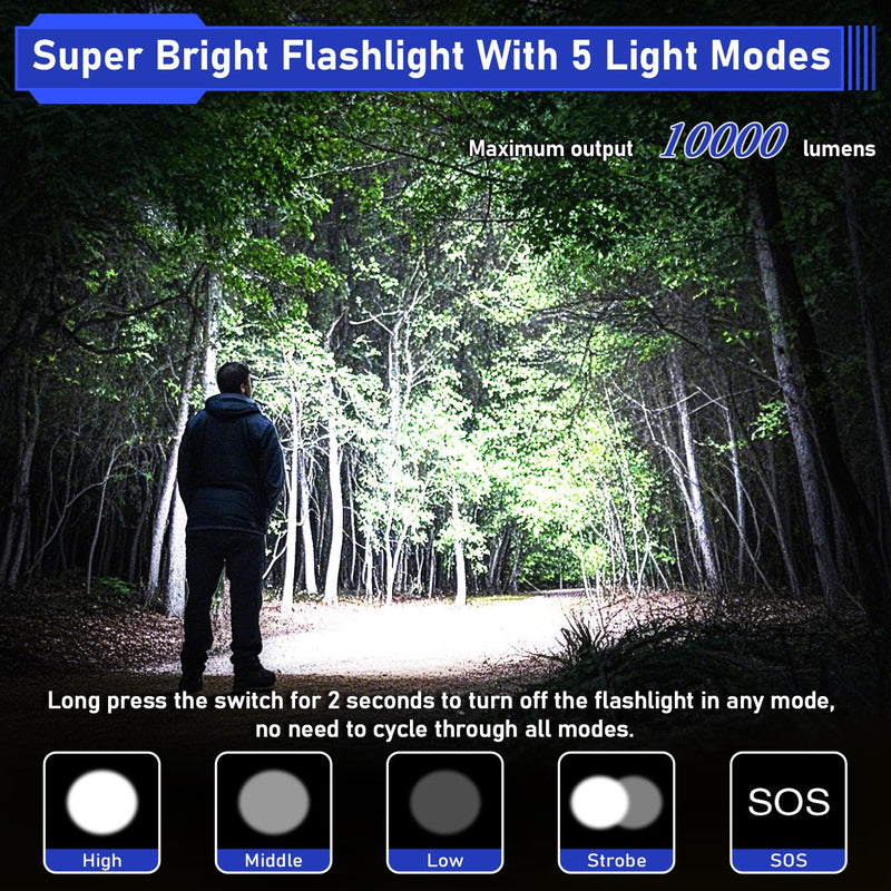 JAY-PARK High Lumen Flashlight - 100000 Lumens, Rechargeable 5000mAh with LCD Display, Zoomable Long Beam (3000m), IP67 Waterproof, 5 Modes & Belt Clip - for Camping, Dog Walking Black