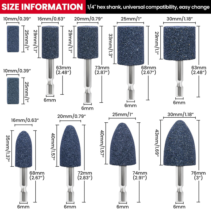 10Pcs Rotary Grinding Stone- 1/4'' Hex Shank Assorted Shape Abrasive Stone Mounted Grinding Point Sharpening Bits for Rotary Tool Drill, Grinding, Polishing