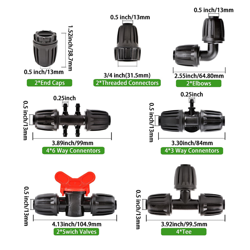 20Pcs Drip Irrigation Fittings Kit Connectors for 1/2 Inch Tubing, PE Tubing Fittings - 2 Switch Valves, 4 Tee, 2 End, 4 1/2" to 1/4" Tee,2 Elbows 2 Thread Adapters,4Pcs 1/2" to 1/4" Six Way 20P-Set