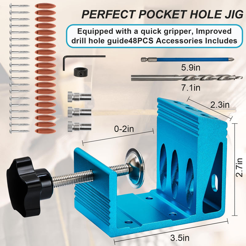 Pocket Hole Jig Kit with 3 Drill Hole Guide Pocket Drill Hole System with 15 Degree Joint Angle Tool Portable Pocket Joinery Screw Kit DIY Woodworking Carpentry Locator Blue