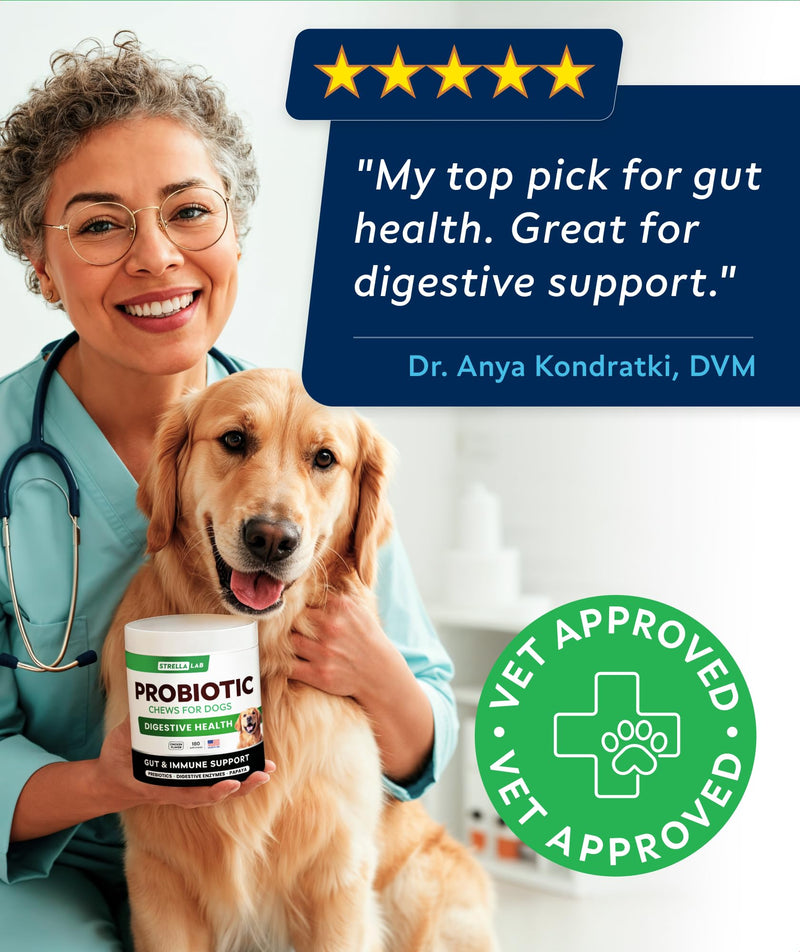 STRELLALAB Dog Probiotics Chews for Gut Support & Digestive Health with Enzymes - Anti Diarrhea and Upset Stomach Immune Supplement - Digestion Treats with Fiber and Prebiotics (180Ct, Chicken) 180Ct (Chicken) Probiotic Chews