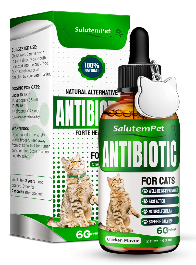 Cat Antibiotic in Drops – Natural Antibiotics for Cats with Chicken Flavor Help with UTI, Cough, Allergies – Safe for Pets and Breeds – 2-oz Bottle with a Pendant Included Herbal Antibiotic for Cats 2 Fl Oz