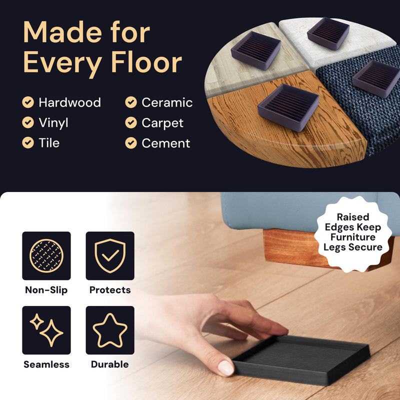 CasterMaster Non-Slip Furniture Pads for Hardwood Floors - 5 in x 5 in Pack of 4 - Black - Heavy-Duty Rubber Feet & Floor Protectors for Furniture - Noise-Dampening Anti-Skid Caster Cups 5'' x 5'' (Pack of 4)