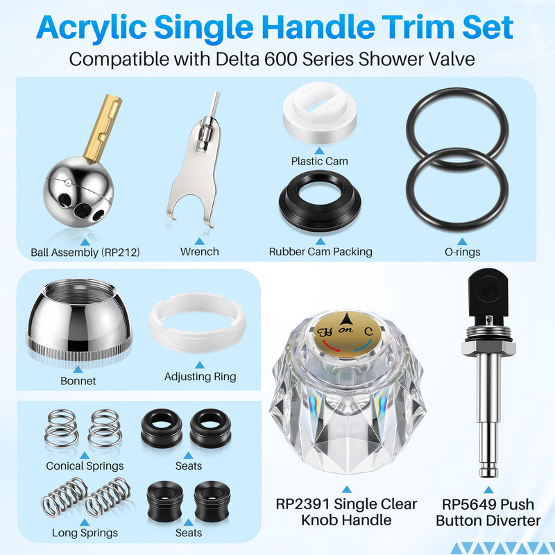 Acrylic Single Handle Trim Set with Push Button Diverter, Compatible with Delta 600 Series Shower Valve, Includes Stainless Steel Ball Valve, Clear Knob and Diverter Stem