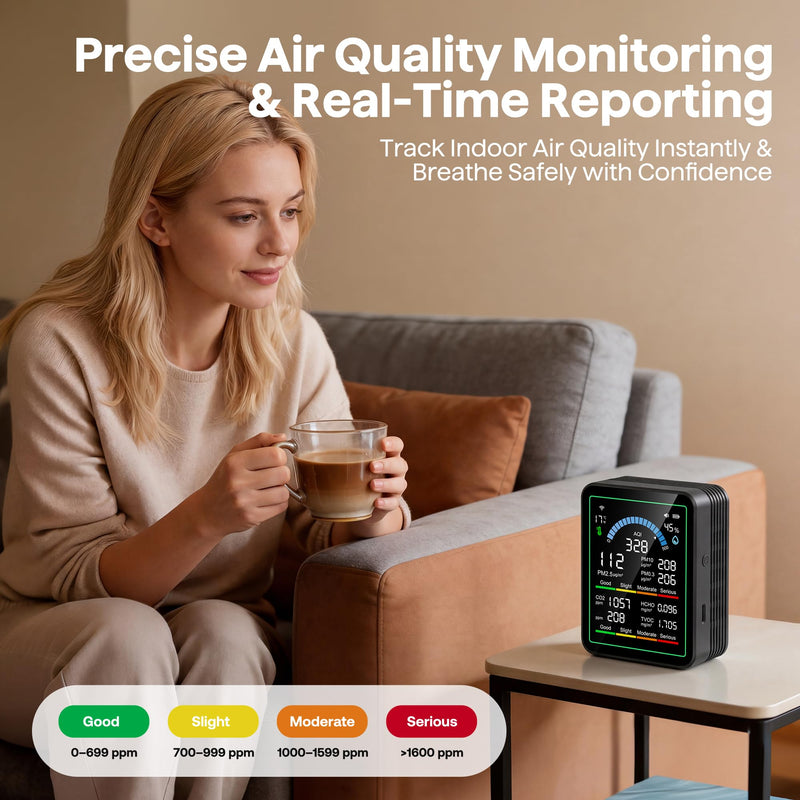 Air Quality Monitor Indoor, 10 in 1 Portable Smart Air Quality Tester for CO2 | TVOC | HCHO | Temp | AQI | PM0.3-1 Detection Suitable for Home, Cars, Plants, Pets and Hotels -Black Black