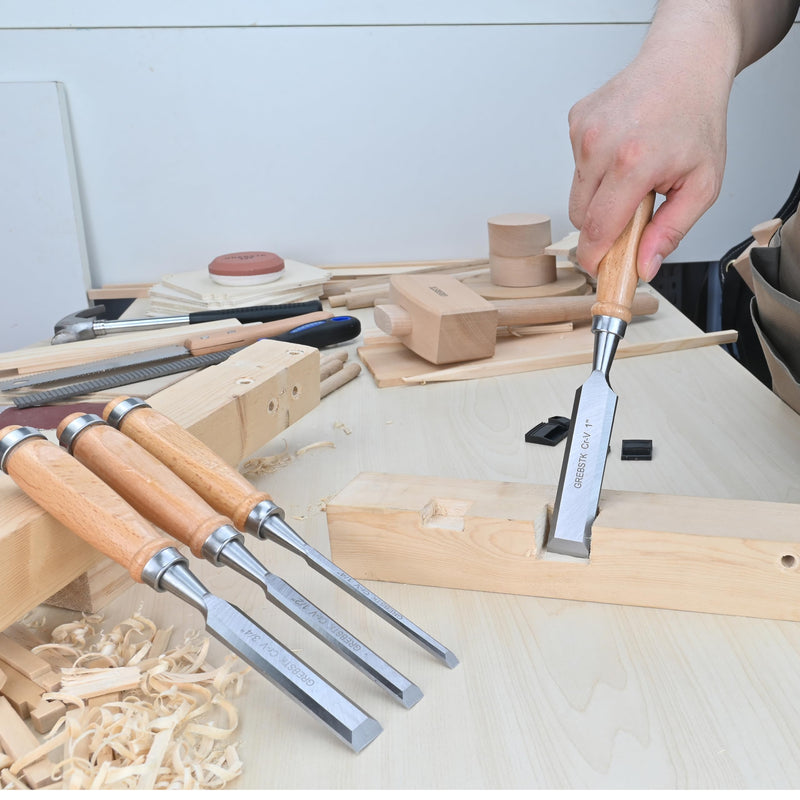 GREBSTK 9.5in Wood Chisel Set for Woodworking, 4pcs Chrome Vanadium Steel Bevel-Edge Bench Chisels with Cap, Comfortable Beech High Impact Handle 2#chisel