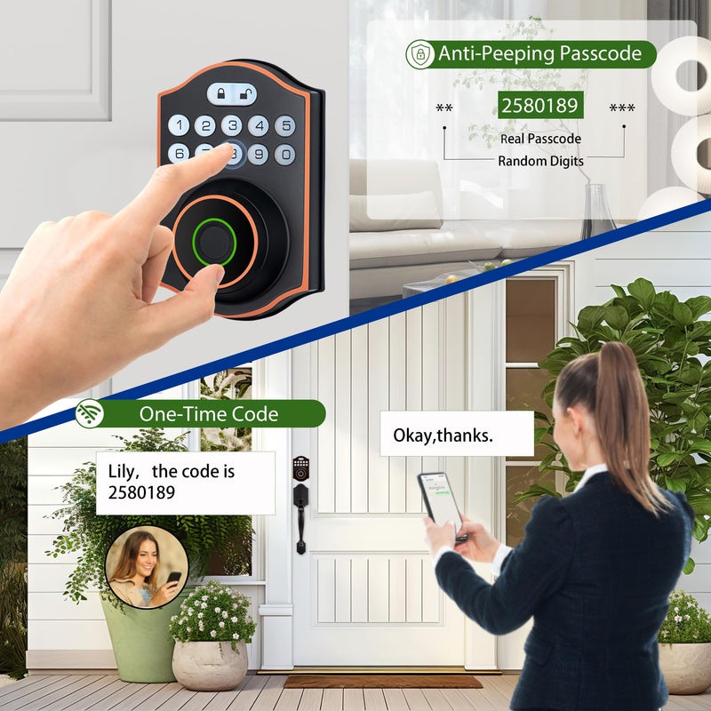 Smart Fingerprint Door Lock, Keyless Entry Deadbolt with Electronic Keypad, Bluetooth App Control, One Time Code, IP65 Weatherproof, for Front Door/Home/Office (Oil Rubbed Bronze) Oil Rubbed Bronze