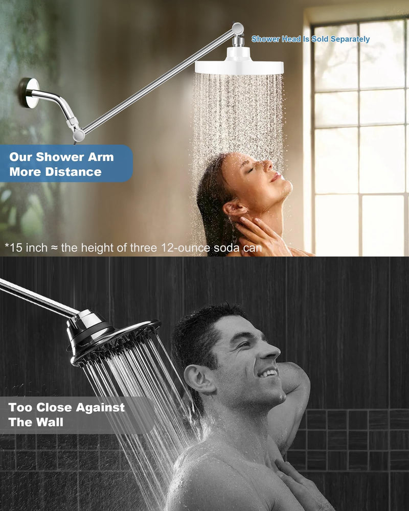 15 Inch Extra Long Adjustable Shower Head Extension Arm With Locking Set Screw, Singing Rain Brass Chrome Angle Height Adjustable, Easy To Install, G1/2 Universal Connector Compatible (Chrome Finish) 15 inch