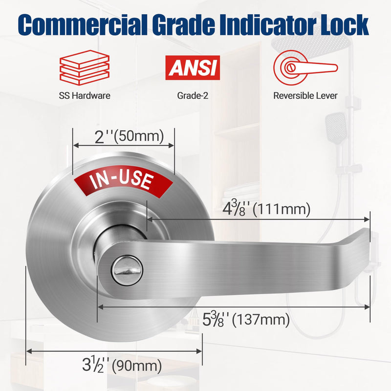 Commercial Door Handle for Restroom, Vacant Occupied Bathroom Lock, Occupied Door Handle, Privacy Indicator Door knob for Public & Industrial Buildings (Satin Chrome) Satin Chrome