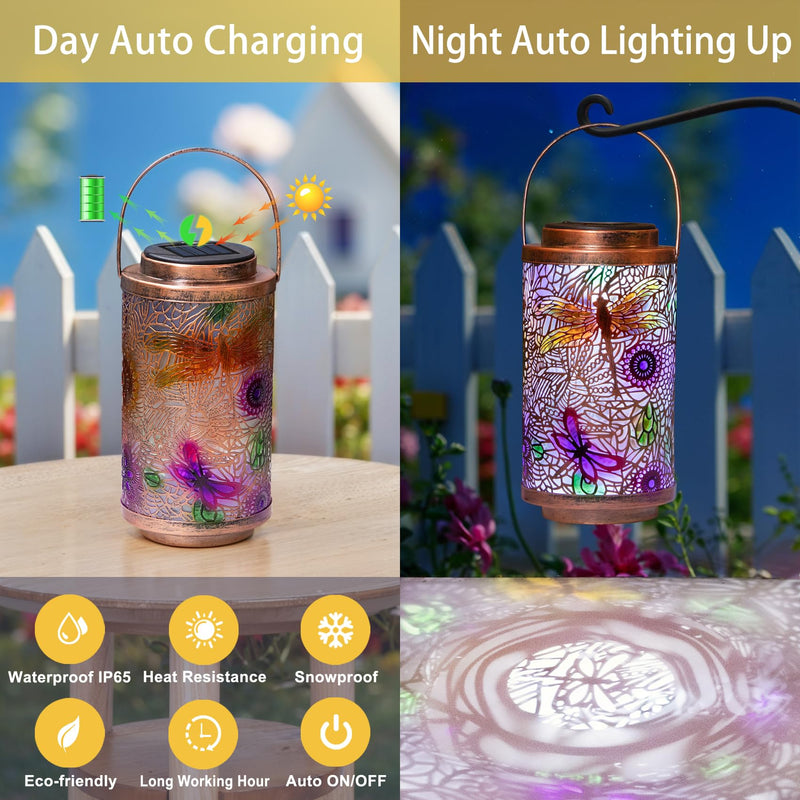 2Pack Solar Outdoor Lanterns Waterproof Dragonfly Garden Gifts for Women Patio Decor Lights Metal Lantern for Yard, Tabletop, Porch, Outside,Mothers Day Gifts for Mom Women KG3037QT