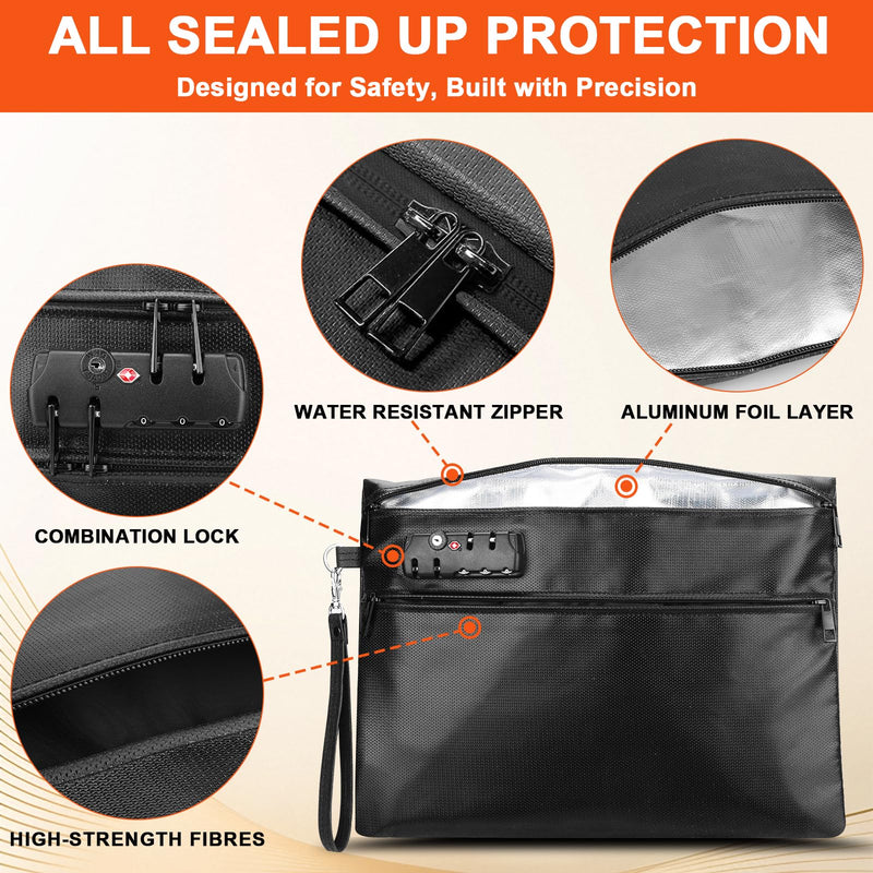 6400°F Fireproof Document Bag with Combination Lock - Heat Resistant Money Bag for Cash, Passports, Deeds, Phones, Waterproof Fire Proof Bag (Black)