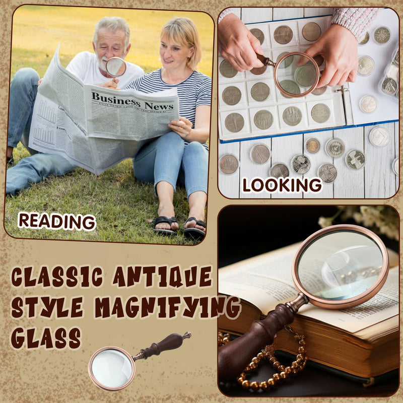 Yunsailing 2 Pack 10x Handheld Magnifying Glass, Vintage Brass Reading Magnifier with Wooden Handle for Seniors, Coin Stamp Jewelry Inspection