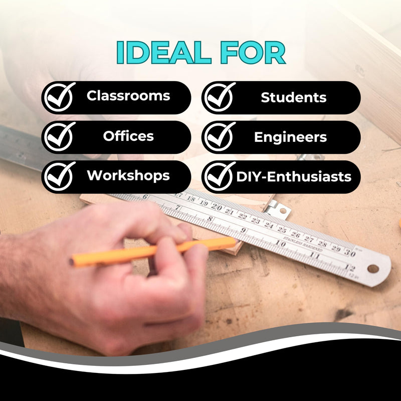 NOKKO Metal Ruler 12 Inch - Pack of 10 - Measuring Set of 12-Inch / 30 cm Stainless Steel Rulers with Imperial & Metric Measurements & Conversion Table - Metal Straight Edge Ruler for Cutting 12 Inch - 10 Pack