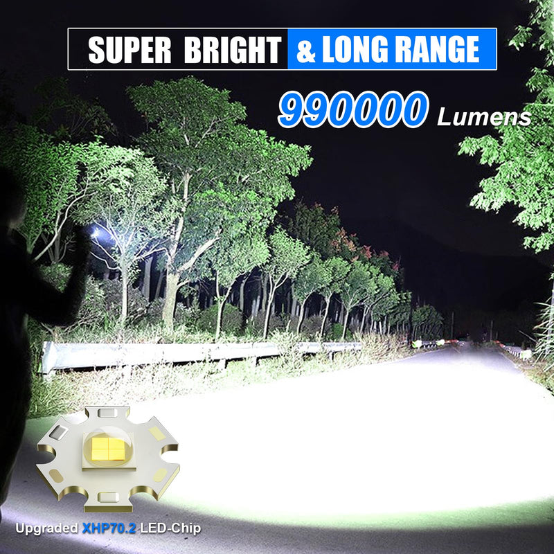 Flashlights High Lumens, Rechargeable Flashlight Led 990000 Lumen XHP70.2, Super Bright Flash Light, High Powered Handheld Flashlights for Emergency Camping Gift, IP67 Waterproof, Adjustable Black