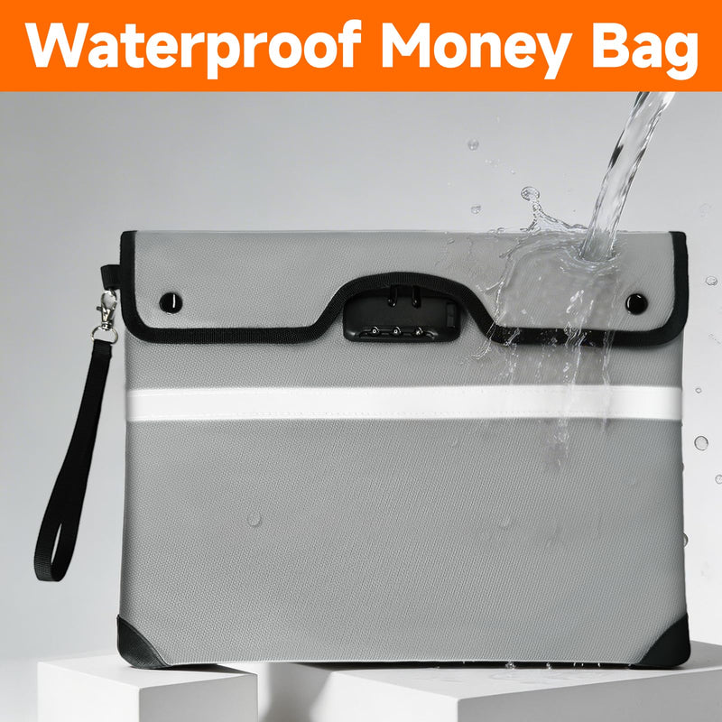 Upgraded 6500°F Fireproof Document Bag with Lock, Waterproof 9-Layer Heat Insulated | Dual-Liner Card Slot Money Bag with Zipper/Reflective Strip for Passport, Important Paper, Cash(15 x 12In) Grey