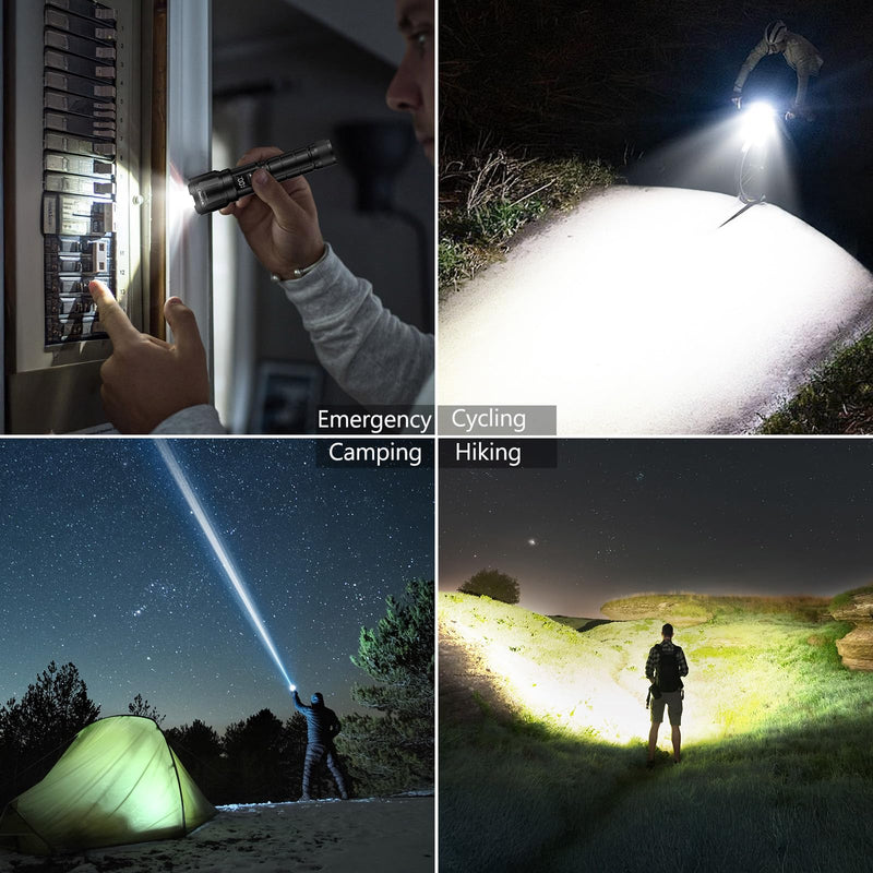 Wdtpro LED Rechargeable Flashlight 2Pack, 3Modes Super Bright High Lumens Flashlights, Zoomable Tactical Flashlight with LCD Display, IP65 Waterproof Flashlights for Home Emergency Camping & Gifts Men Black 2 PACK