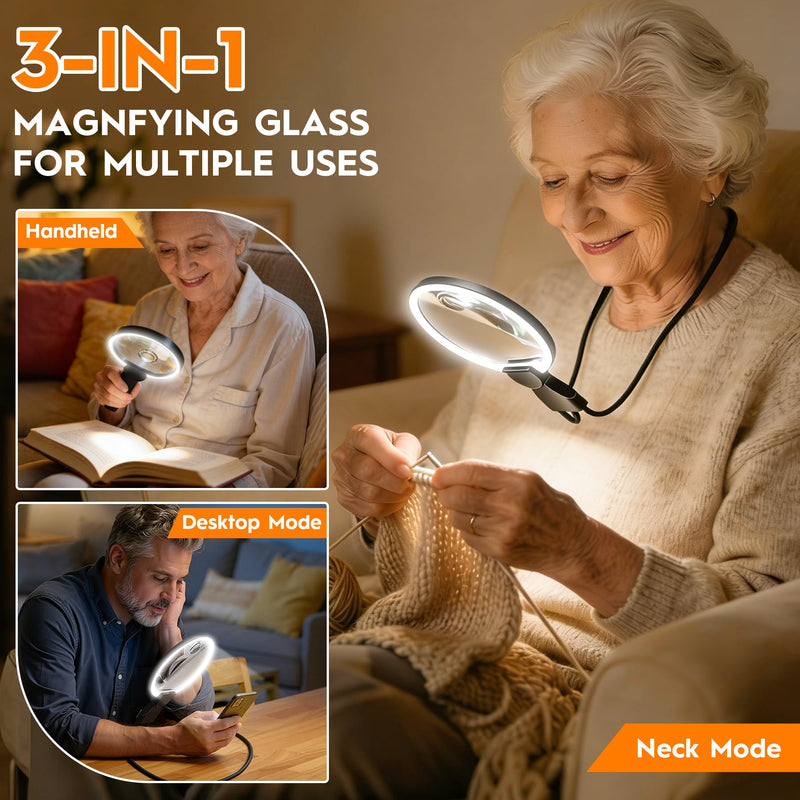 Magnifying Glass with Light for Reading, Hands Free Magnifier for Books with Dimmable, Included Small Magnifier, Neck Wear Large Screen Stand Glasses for Close Work Seniors Low Vision Rechargeable