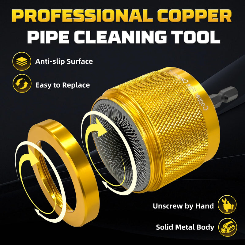 KJE 3-Piece Metal Copper Pipe Cleaner Set for Drill (1/2", 3/4", 1"), with 15 Brush Blades & 1/4" Hex Shank, Plumbing Tools for Removing Rust & Paint from HVAC Metal Pipes, Yellow