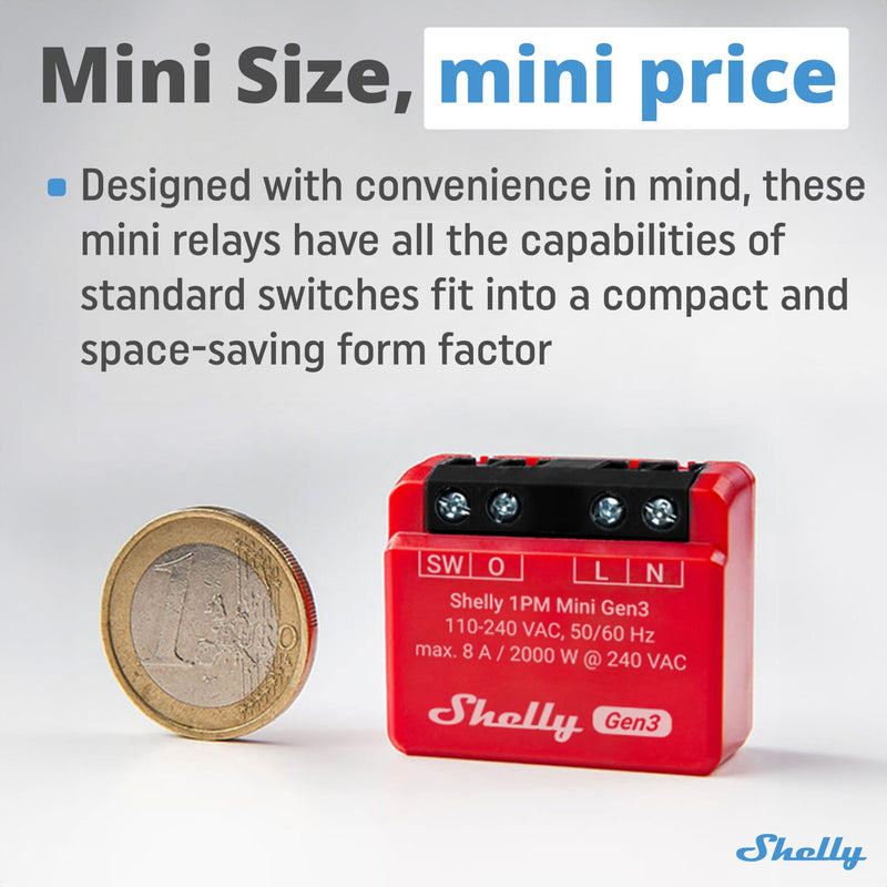Shelly 1PM Mini Gen3 | WiFi Smart Switch Relay, 1 Channel 8A with Power Measurement | Home Automation | Bluetooth Gateway | Compatible with Alexa & Google Home | iOS Android App | No Hub Required