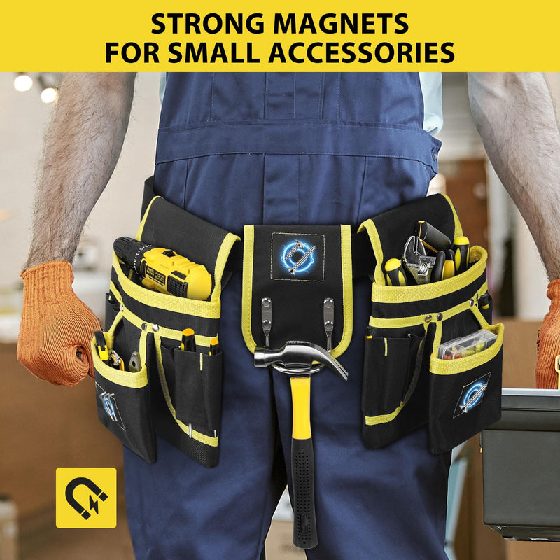 Tool Belt, Professional Tool Belts for Men, 26 Pockets Magnetic Tool Pouch, 31 to 48 Inches Adjustable Waist, Oxford Fabric, Tool Belt with Suspenders for Electrician, Carpenter (Yellow) Yellow