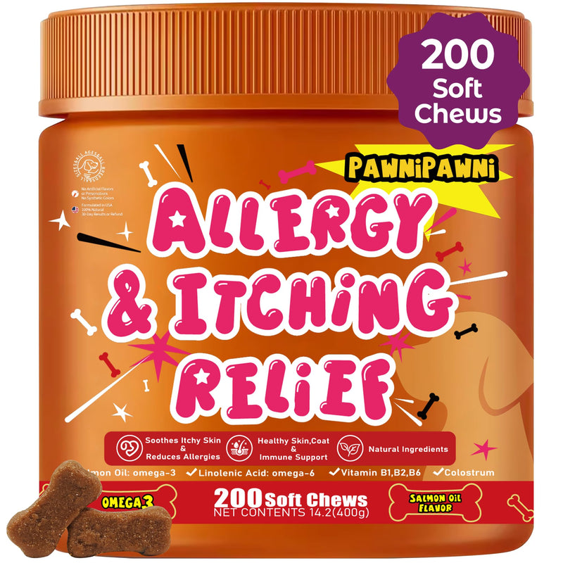 Dog Allergy Itch Relief Chews - Salmon Oil Omega-3, Omega-6, Vitamin B1/B2/B6, Colostrum Probiotics Supplement for Seasonal Allergy, Itch, Hot Spots, Paw Licking, Scratching, 200 Soft Chews
