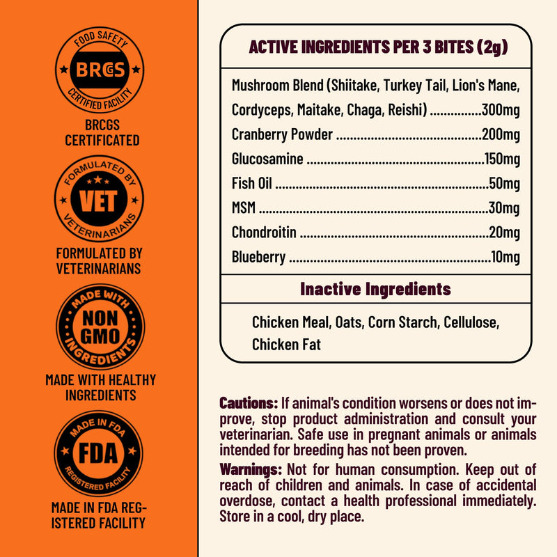 Mushroom Supplement for Dogs - Supports Antioxidant & Immune Defense, Gut, Skin, Joint & Urinary Tract Health, 7-Mushroom Complex (Turkey Tail, Lion's Mane, Reishi & 4 Others) – 330 Chews