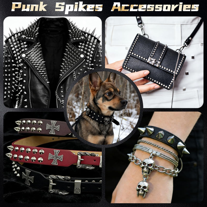 600 PCS Metal Studs and Spikes for Clothing, 8 Size Cone Spikes and Pyramid Studs,Screwback Studs Rivets Punk Accessories Kit for DIY Punk Style Clothes Bags Purse Collar Leather Craft Silver