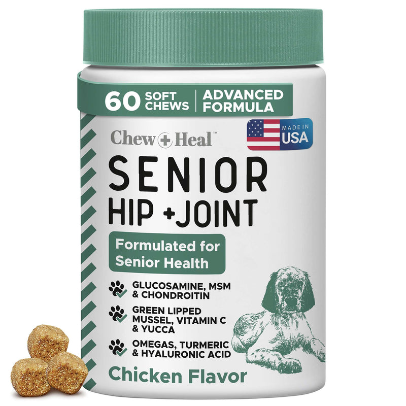 Chew + Heal Labs Glucosamine for Dogs Hip and Joint Supplement - 60 Senior Dogs Mobility Soft Chews - Made with Glucosamine, MSM, Chondroitin, Green Lipped Mussels and More - Made in The USA Chicken 60 Count