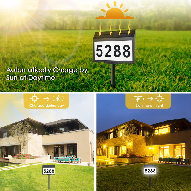 Solar House Numbers for Outside Light up, LED Illuminated Home Number Address Sign Plaque Waterproof for Yard, Wall-Mounted or Floor-Plugged- Black