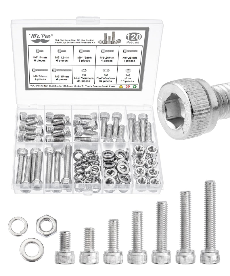 Mr. Pen- Nuts and Bolts Assortment Kit, 120 pcs, Stainless Steel, M6 Screws (7 Sizes 10-35mm)Hex Socket Head Cap Screws Assorted Nuts and Bolts, Nut Bolt and Washer Assortment, Bolt and Nut Assortment