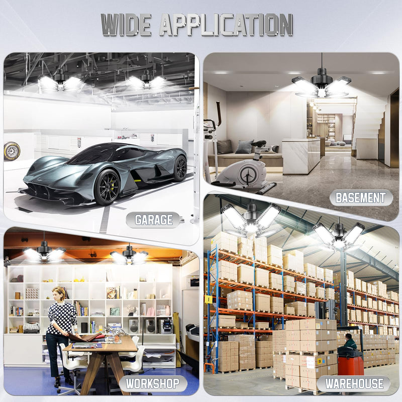Garage Light 2 Pack 120W, 12000LM Garage Lights Ceiling LED with 4+1 Deformable Panels 6500K LED Garage Light, LED Shop Lights for Workshop, Garage, Basement Support E26/E27 4+1 Panels
