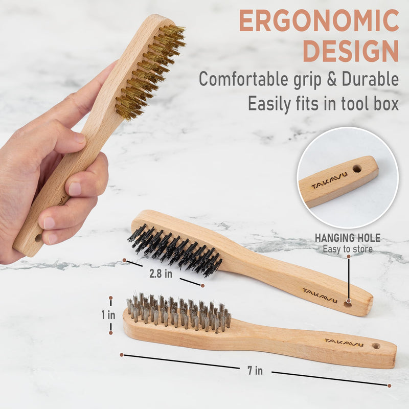 TAKAVU Wire Brush Set 3pcs, Stainless Steel - Brass - Nylon Bristle Small Wire Brushes for Cleaning Rust Dirt Welding, Paint Scrubbing, Deep Cleaning, Natural Wooden Handle & Durable Bristle 3pcs Small Wooden Wire Brush