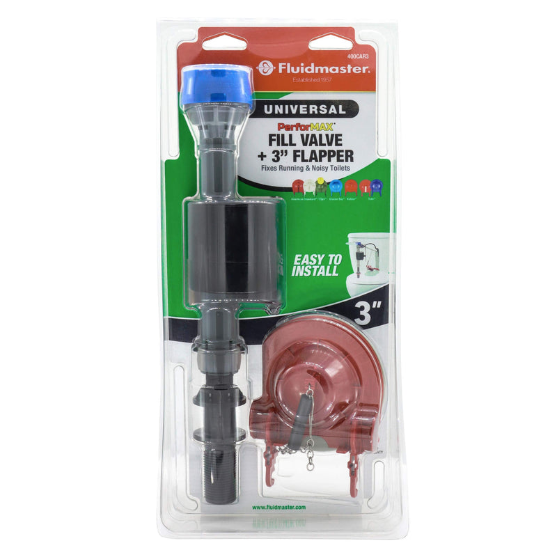Fluidmaster 400CAR3P5 PerforMAX Adjustable High Performance Toilet Fill Valve and Flapper Repair Kit, For 3-Inch Flush Valve Toilets 1 Count (Pack of 1)