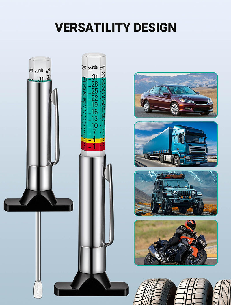 2-Pack Tire Tread Depth Gauge, Color Coded Tire Depth Gauge with Pocket Clip in 1/32 Inch Increments, Accurate Tread Gauge Depth 32nds Measuring Tool for Car, Semi Truck Tire Tread Checker