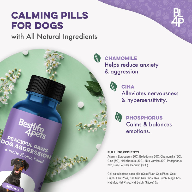 Peaceful Paws Dog Aggression & Noise Phobia Relief, Anxiety Relief for Dogs, Dog Calming Remedy for Biting, Barking, Chasing, Attacking, and Other Canine Behavior Issues, 400 Non-Drowsy, Small Pills - PawsPlanet Australia
