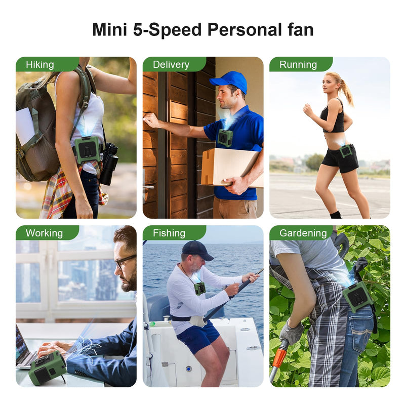 Portable Fan Wearable Personal Fan with 5 Speed Max 55 Working Hours Low Noise Portable Neck Fans Cooling Waist Fans for Camping Traveling LED Power Display 10000mAh Rechargeable (Dark Green) Dark Green