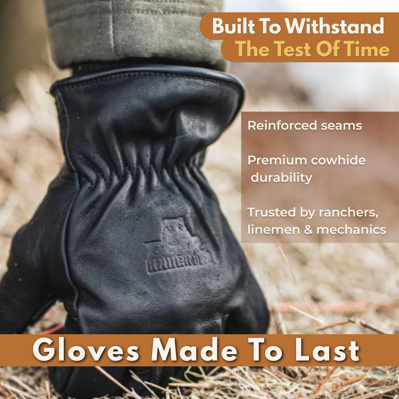 Bear Knuckles Insulated Leather Work Gloves D409, Midnight Black Fleece Lined Cowhide, Heavy Duty Work Gloves. Large
