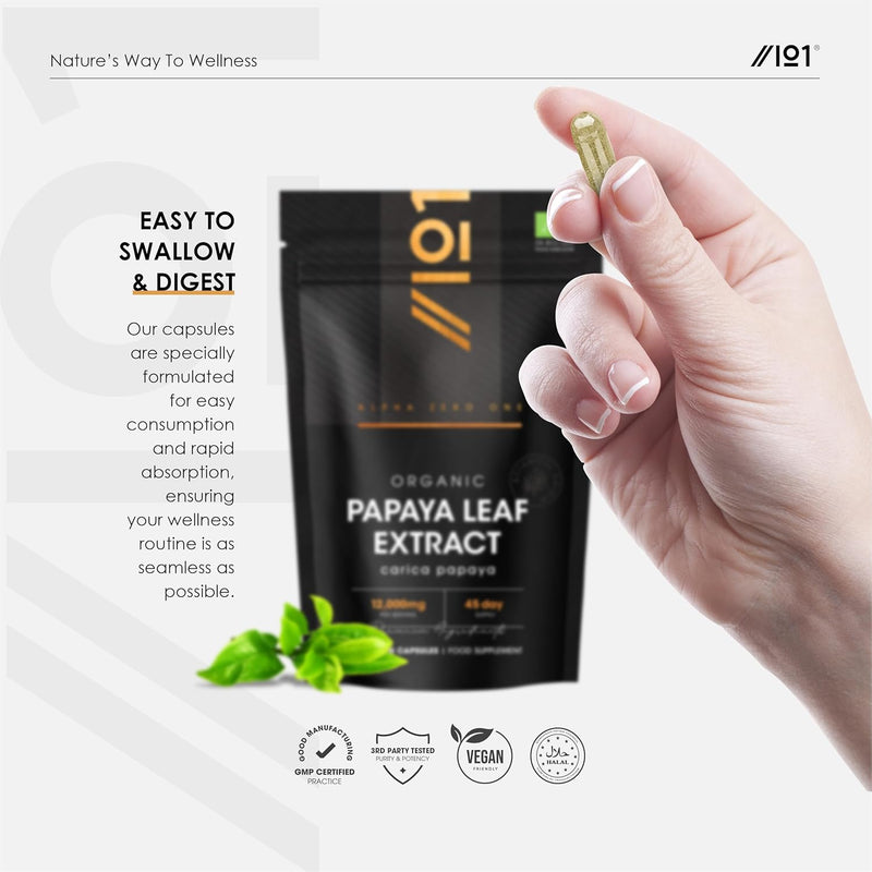 Organic Papaya Leaf Extract 12,000mg - High Strength Carica Papaya Extract – 90 Vegan Capsules – Resealable and Recyclable Pouch by Alpha01 - NewNest Australia