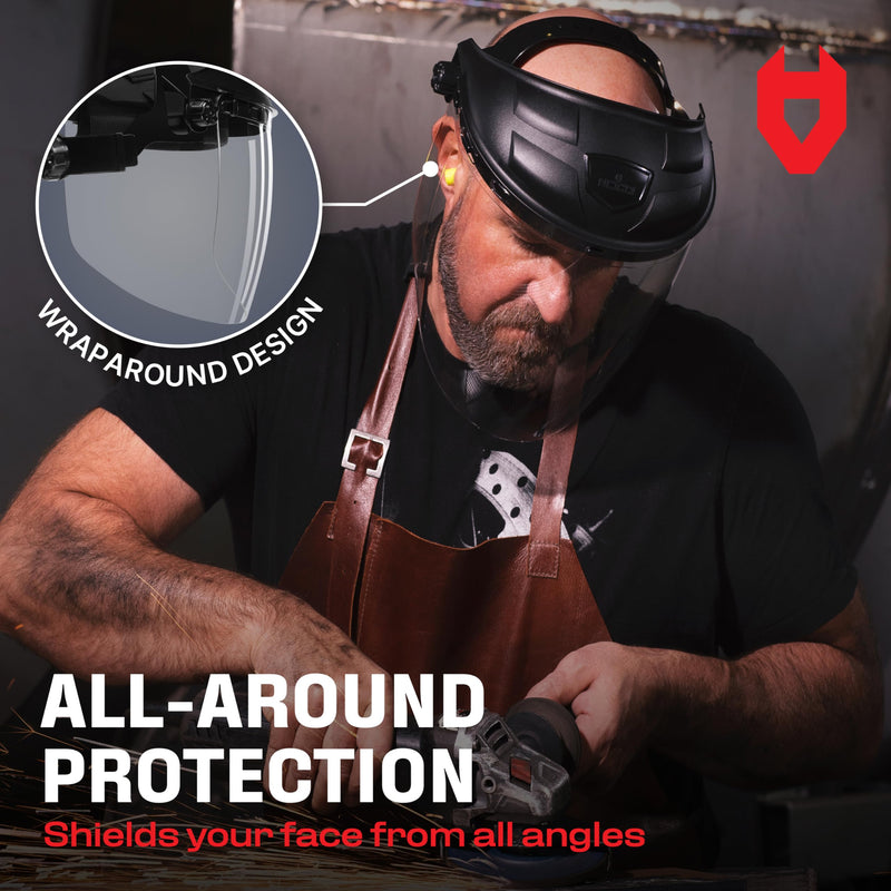 NoCry Premium Safety Face Shield for Grinding and Cutting — Clear Anti-Fog, Impact Resistant Visor and Adjustable Headgear — ANSI Z87.1 Certified for Industrial Use — Washable Sweatbands Included FaceArmor Pro